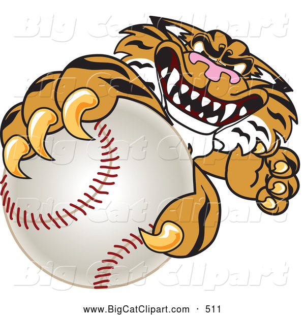 Big Cat Cartoon Vector Clipart of a Menacing Tiger Character School Mascot Grabbing a Baseball
