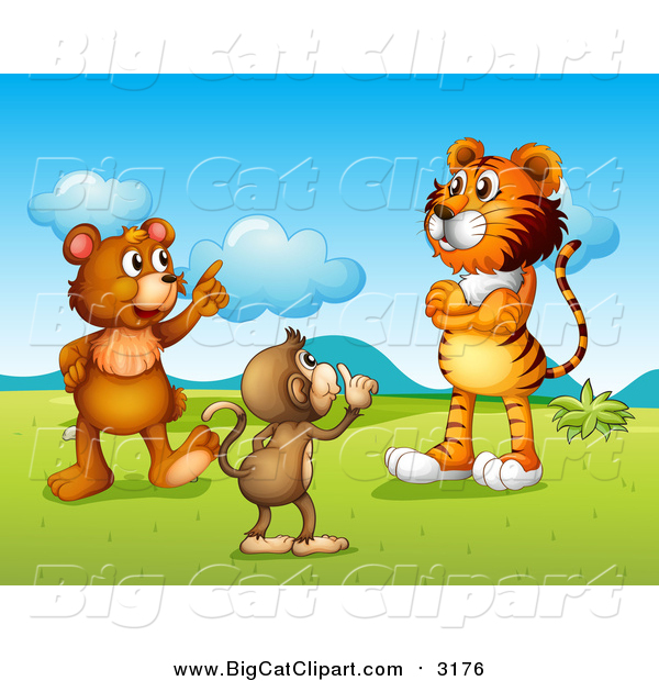 Big Cat Cartoon Vector Clipart of a Monkey Shushing a Tiger and Bear in a Valley