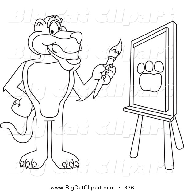 Big Cat Cartoon Vector Clipart of a Outline Design of a Panther Character Mascot Painting