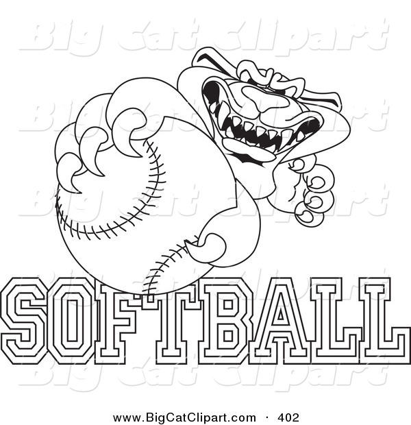 Big Cat Cartoon Vector Clipart of a Outline of a Rough Panther Character Mascot with Softball Text