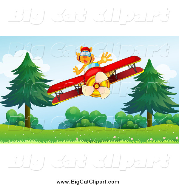 Big Cat Cartoon Vector Clipart of a Pilot Tiger Flying a Biplane over Shrubs and Trees