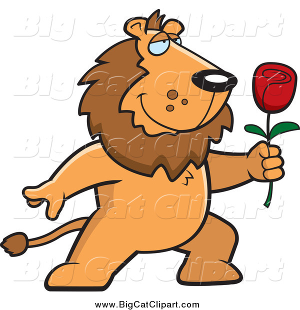 Big Cat Cartoon Vector Clipart of a Romantic Lion Holding out a Red Rose