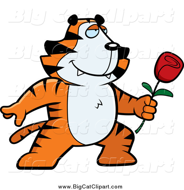 Big Cat Cartoon Vector Clipart of a Romantic Tiger Holding out a Rose