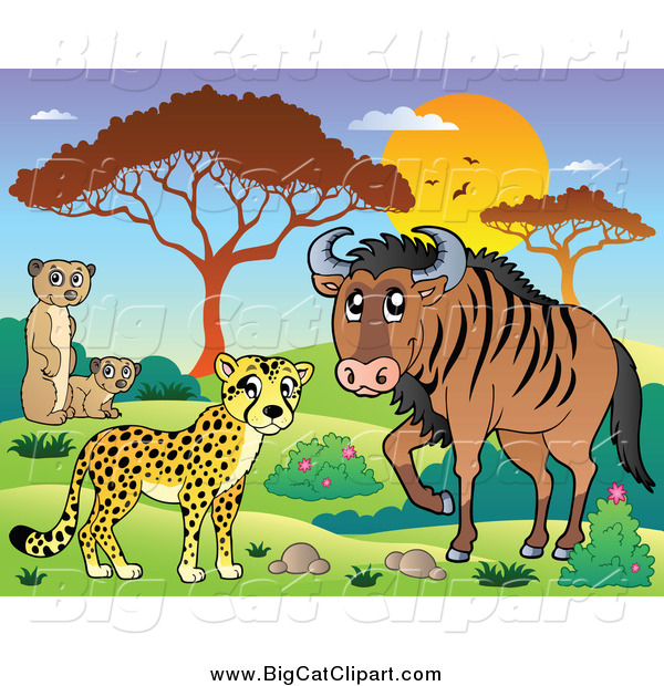 Big Cat Cartoon Vector Clipart of a Safari Cheetah Meerkat and Wildebeest Savannah Animals at Sunset