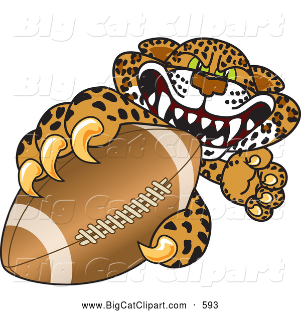 Big Cat Cartoon Vector Clipart of a Scary Cheetah, Jaguar or Leopard Character School Mascot Grabbing a Football