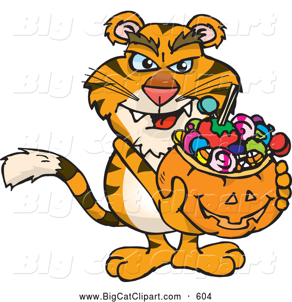 Big Cat Cartoon Vector Clipart of a Scary Trick or Treating Tiger Holding a Pumpkin Basket Full of Halloween Candy