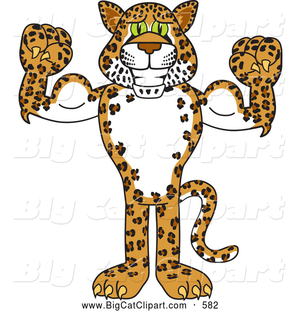 Big Cat Cartoon Vector Clipart of a Smiling Cheetah, Jaguar or Leopard Character School Mascot Flexing