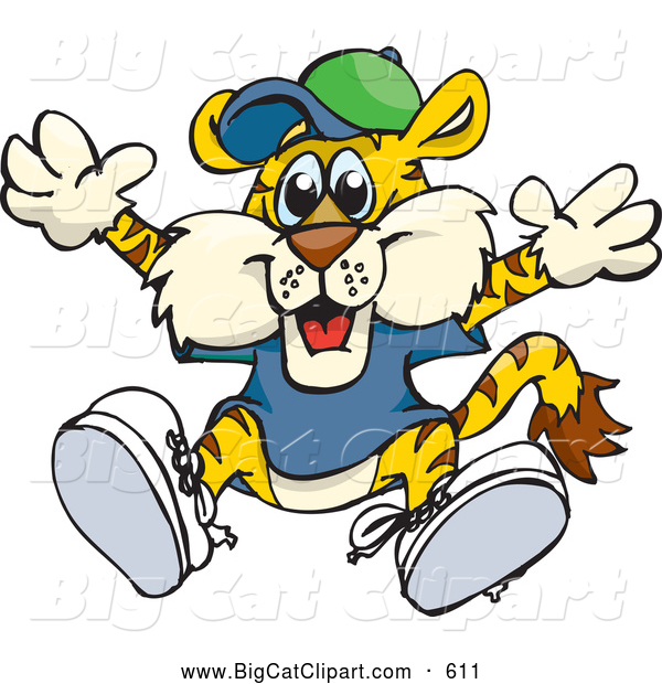 Big Cat Cartoon Vector Clipart of a Smiling Happy Tiger in Clothes, Jumping