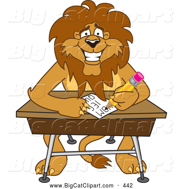 Big Cat Cartoon Vector Clipart of a Smiling Lion Character Mascot Taking a Quiz