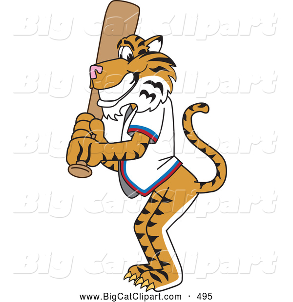 Big Cat Cartoon Vector Clipart of a Smiling Tiger Character School Mascot Batting