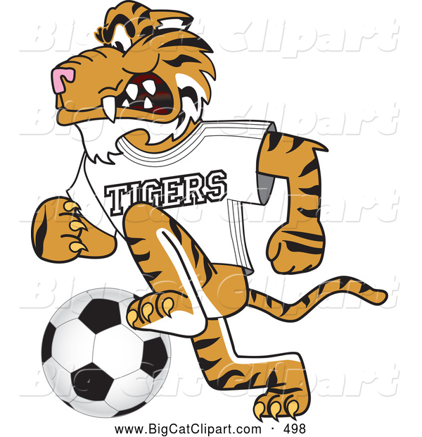 Big Cat Cartoon Vector Clipart of a Smiling Tiger Character School Mascot Playing Soccer