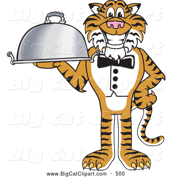 Big Cat Cartoon Vector Clipart of a Smiling Tiger Character School Mascot Serving Food