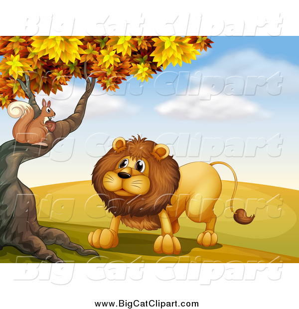 Big Cat Cartoon Vector Clipart of a Squirrel and Male Lion Talking at an Autumn Tree