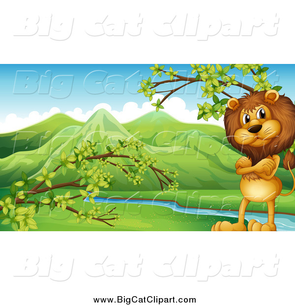 Big Cat Cartoon Vector Clipart of a Standing Lion with Folded Arms in a Valley