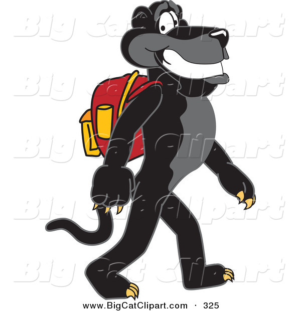 Big Cat Cartoon Vector Clipart of a Sweet Black Jaguar Mascot Character Walking to School