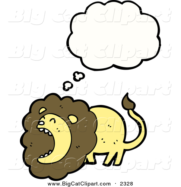 Big Cat Cartoon Vector Clipart of a Thinking Roaring Yellow and Brown Male Lion