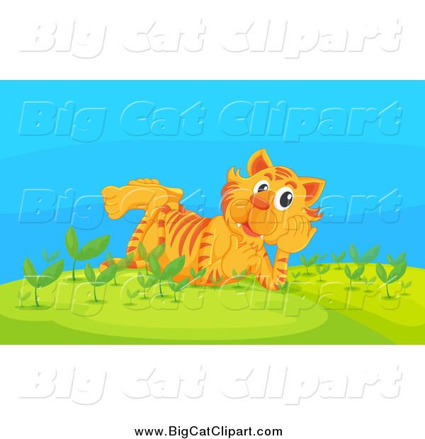 Big Cat Cartoon Vector Clipart of a Thinking Tiger Resting in a Garden