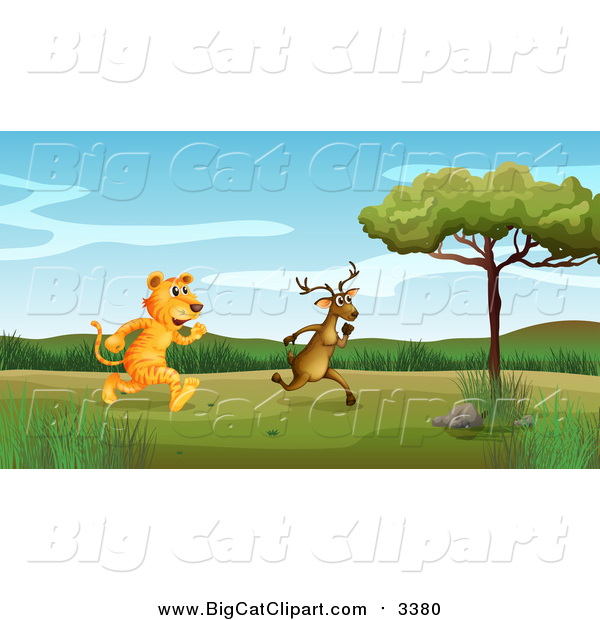 Big Cat Cartoon Vector Clipart of a Tiger Chasing a Deer in a Valley
