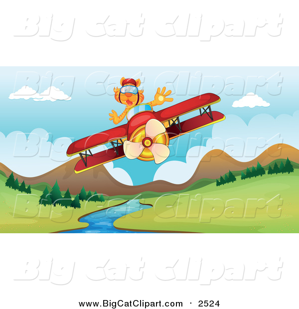 Big Cat Cartoon Vector Clipart of a Tiger Flying a Plane over a Stream