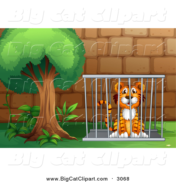 Big Cat Cartoon Vector Clipart of a Tiger in a Cage