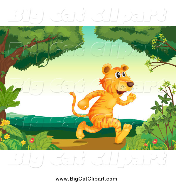 Big Cat Cartoon Vector Clipart of a Tiger Running Upright in the Woods