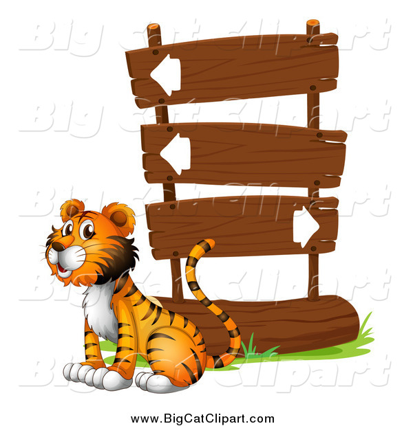 Big Cat Cartoon Vector Clipart of a Tiger Sitting Next to Wooden Directional Sign Post