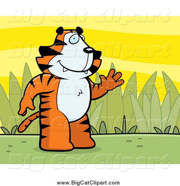 Big Cat Cartoon Vector Clipart of a Tiger Standing and Waving, on a Grassy Background