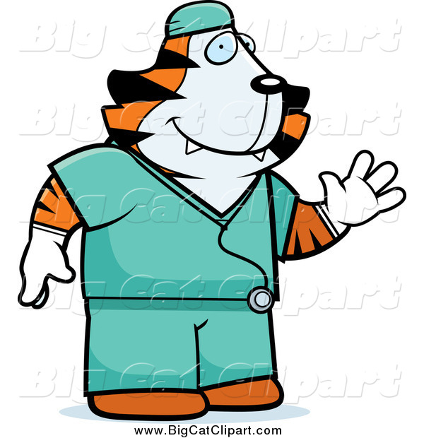 Big Cat Cartoon Vector Clipart of a Tiger Surgeon Doctor in Green Scrubs