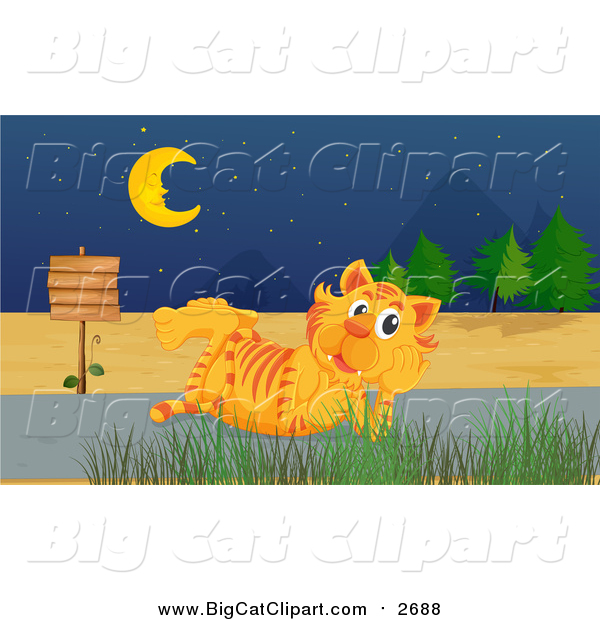 Big Cat Cartoon Vector Clipart of a Tiger Thinking by a Sign on a Road at Night
