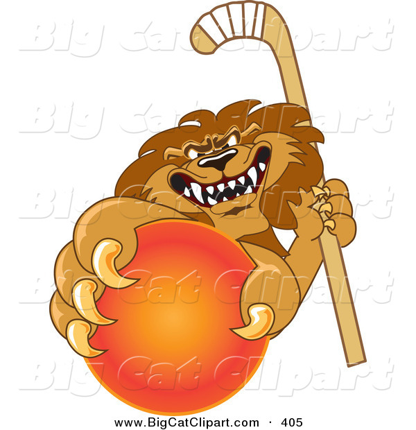 Big Cat Cartoon Vector Clipart of a Vicious Lion Character Mascot Grabbing a Hockey Ball