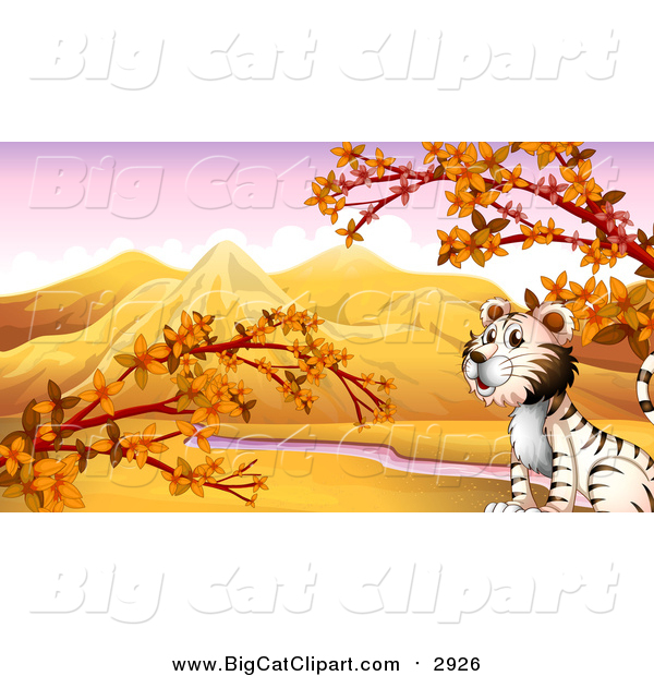 Big Cat Cartoon Vector Clipart of a White Tiger in an Autumn Valley