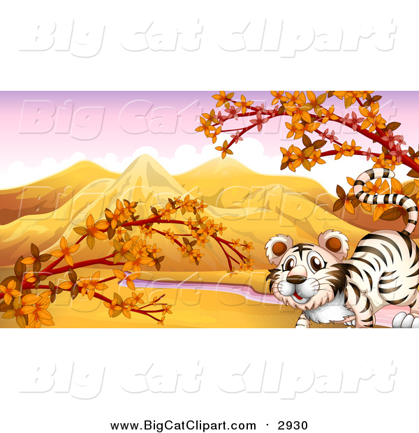 Big Cat Cartoon Vector Clipart of a White Tiger in an Autumn Valley