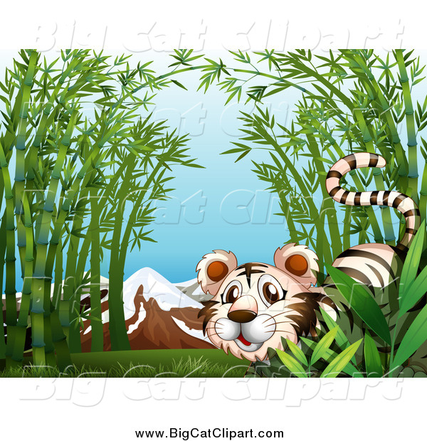 Big Cat Cartoon Vector Clipart of a White Tiger in Bamboo, with Mountains