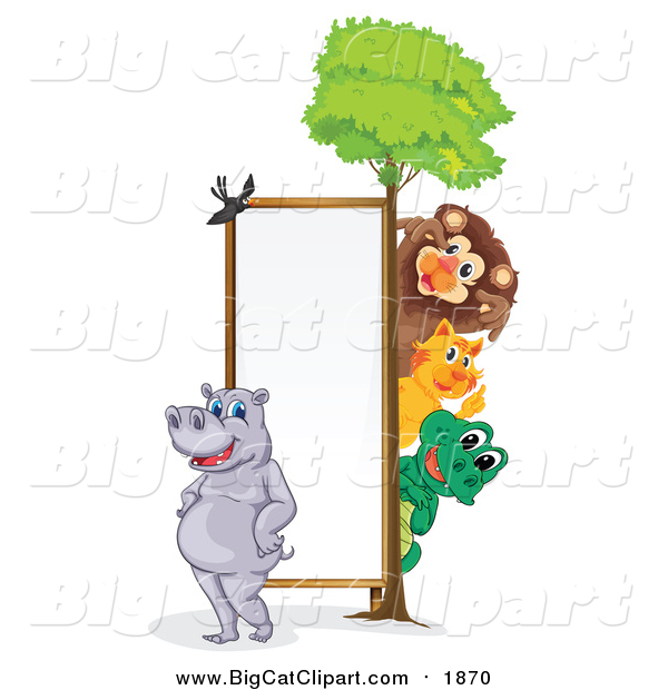 Big Cat Cartoon Vector Clipart of a Wild Animals Around a Sign