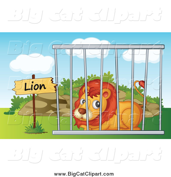 Big Cat Cartoon Vector Clipart of a Zoo Lion Resting in a Cage