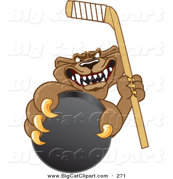 Big Cat Cartoon Vector Clipart of an Aggressive Cougar Mascot Character Grasping a Hockey Puck