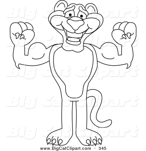 Big Cat Cartoon Vector Clipart of an Outline Design of a Panther Character Mascot Flexing