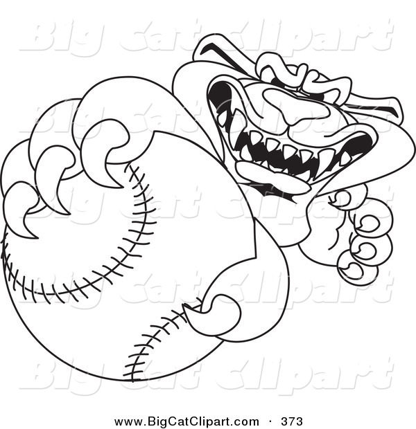 Big Cat Cartoon Vector Clipart of an Outline Design of a Panther Character Mascot Grabbing a Baseball