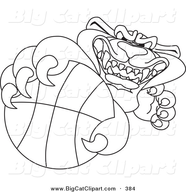 Big Cat Cartoon Vector Clipart of an Outline Design of a Panther Character Mascot Grabbing a Basketball