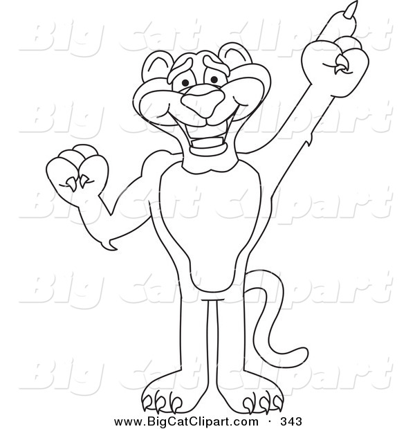 Big Cat Cartoon Vector Clipart of an Outline Design of a Panther Character Mascot Pointing up