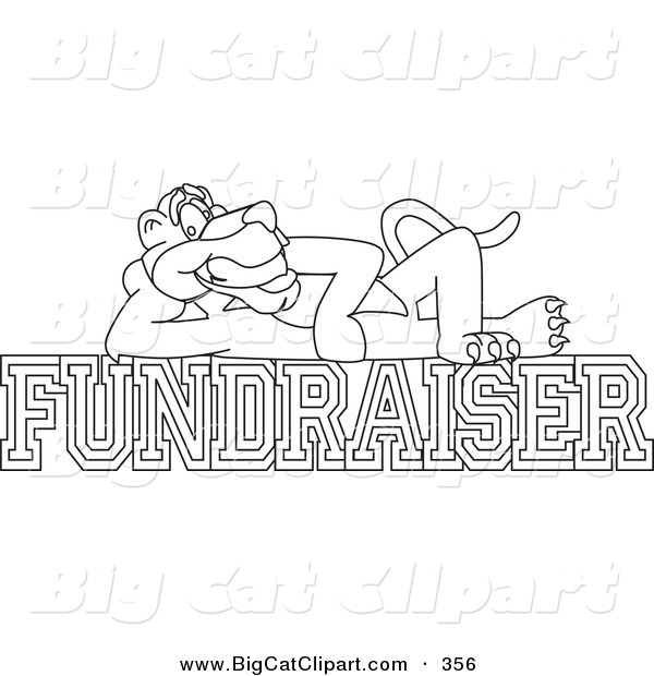 Big Cat Cartoon Vector Clipart of an Outline Design of a Panther Character Mascot Reclined on Fundraiser Text
