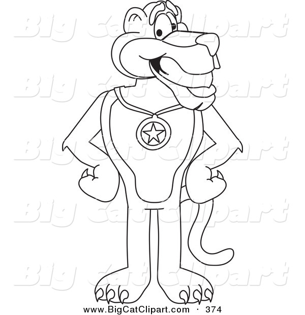 Big Cat Cartoon Vector Clipart of an Outline Design of a Panther Character Mascot Wearing a Medal