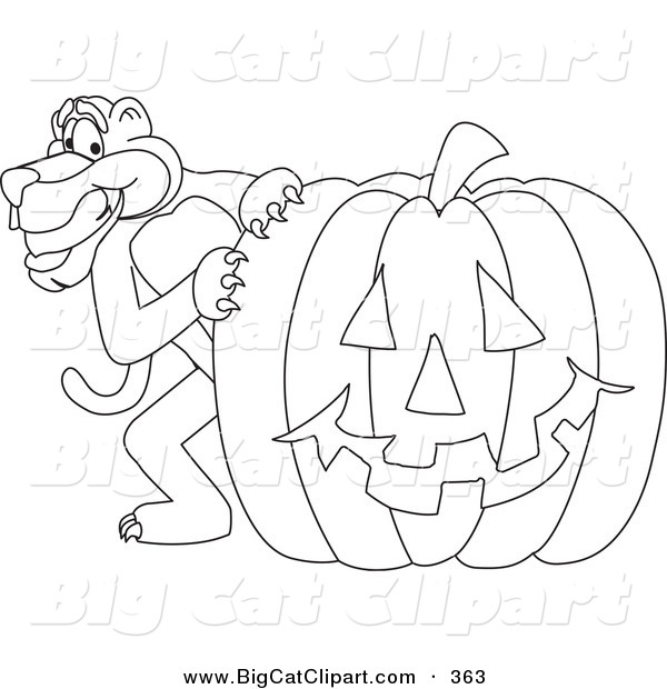 Big Cat Cartoon Vector Clipart of an Outline Design of a Panther Character Mascot with a Pumpkin