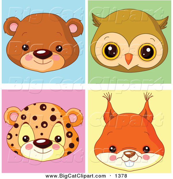 Big Cat Cartoon Vector Clipart of Cute Baby Bear Owl Leopard and Squirrel Avatar Faces