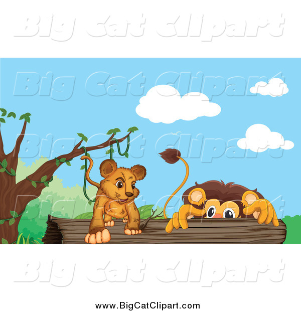 Big Cat Cartoon Vector Clipart of Lions on a Log