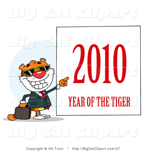 Big Cat Clipart of a 2010 Year of the Tiger Sign Next to a Smiling and Pointing Business Tiger