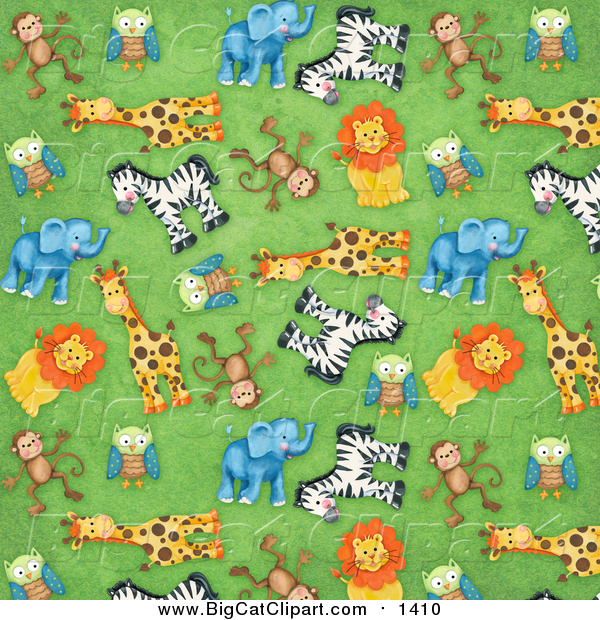 Big Cat Clipart of a Background of Cute Monkeys Owls Giraffes Zebras Lions and Elephants on Green