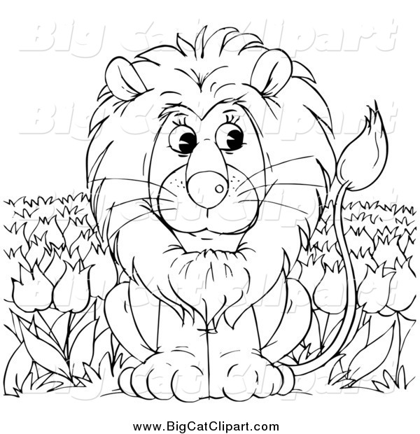 Big Cat Clipart of a Black and White Lion Sitting in a Tulip Field