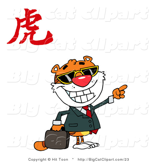 Big Cat Clipart of a Businessman Tiger Pointing with a Year of the Tiger Chinese Symbol