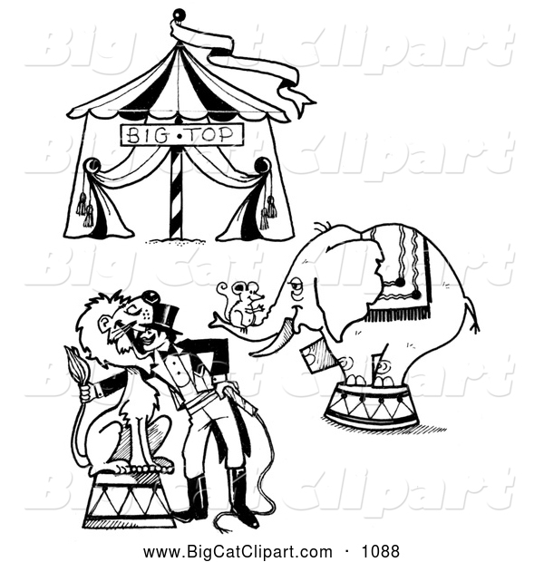Big Cat Clipart of a Circus Big Top, Mouse on an Elephant and a Lion Tamer Outside